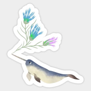 Narwhal Blue Pink Flowers Sticker